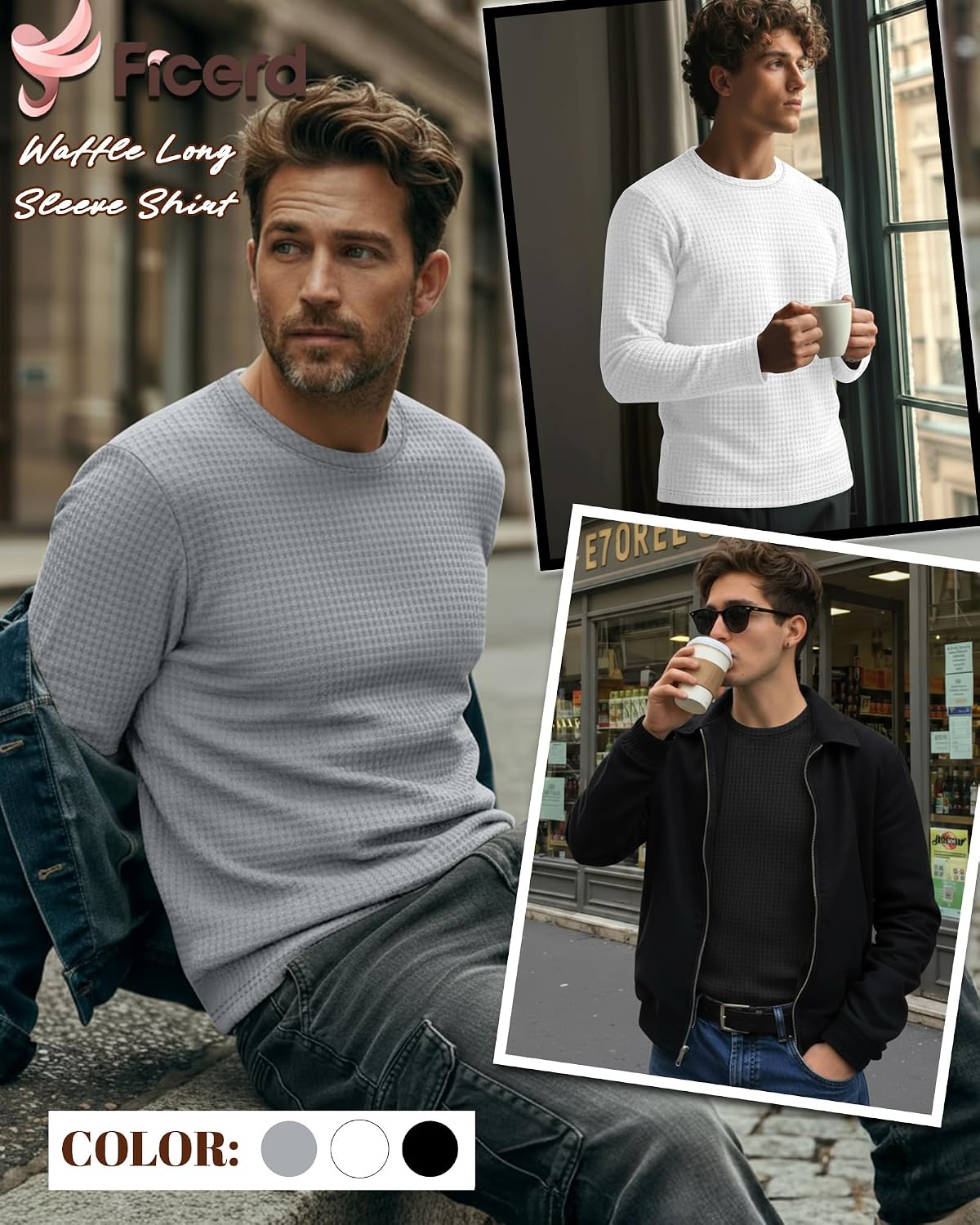 Ficerd 3 Pack Men's Waffle Thermal Long Sleeve Crew Neck Shirts