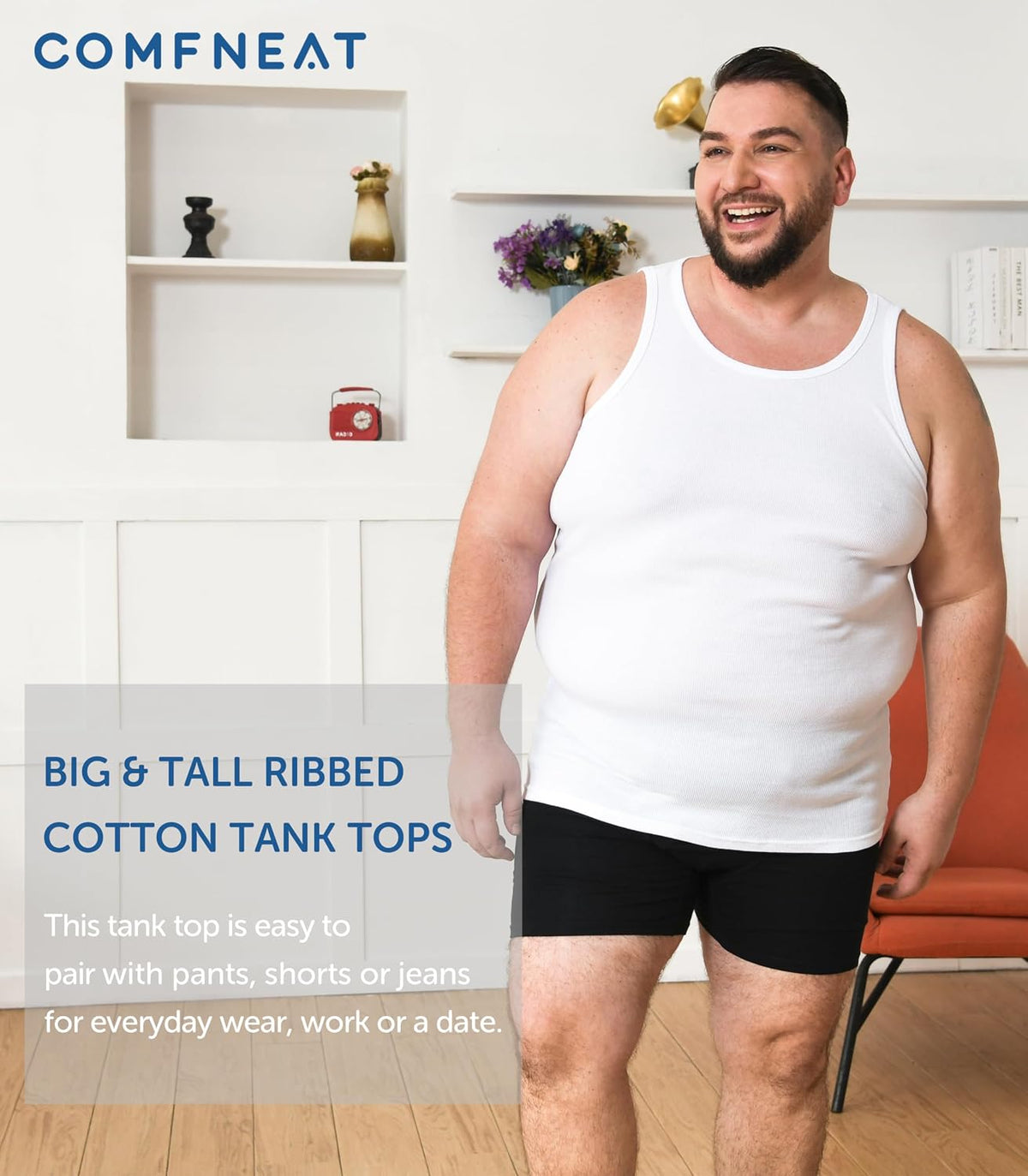 Comfneat Men's 4-Pack Big & Tall Ribbed Tank Tops 100% Cotton Undershirts
