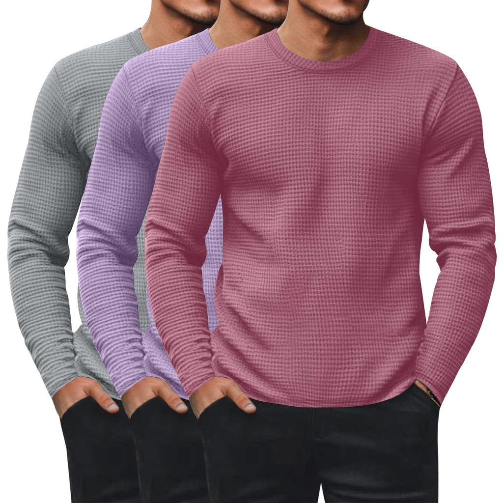 Ficerd 3 Pack Men's Waffle Thermal Long Sleeve Crew Neck Shirts