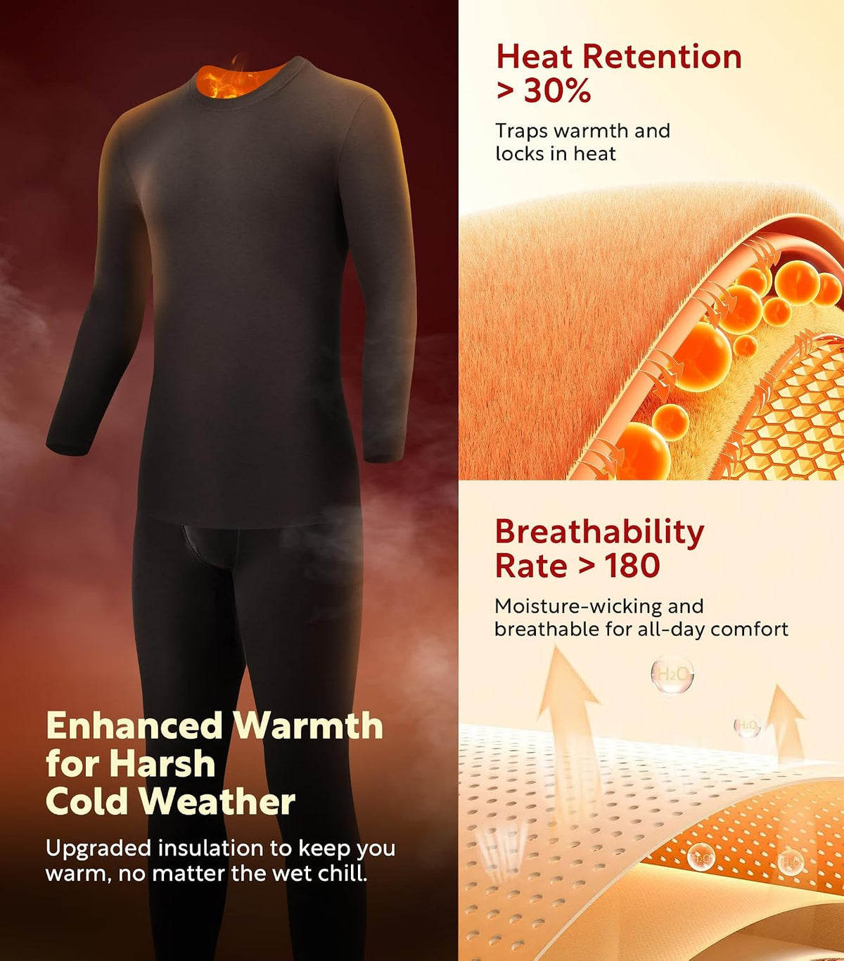 DAVID ARCHY Men's Heavyweight Thermal Underwear Set, Double-Brushed Base Layer for Cold Weather (20–45°F)