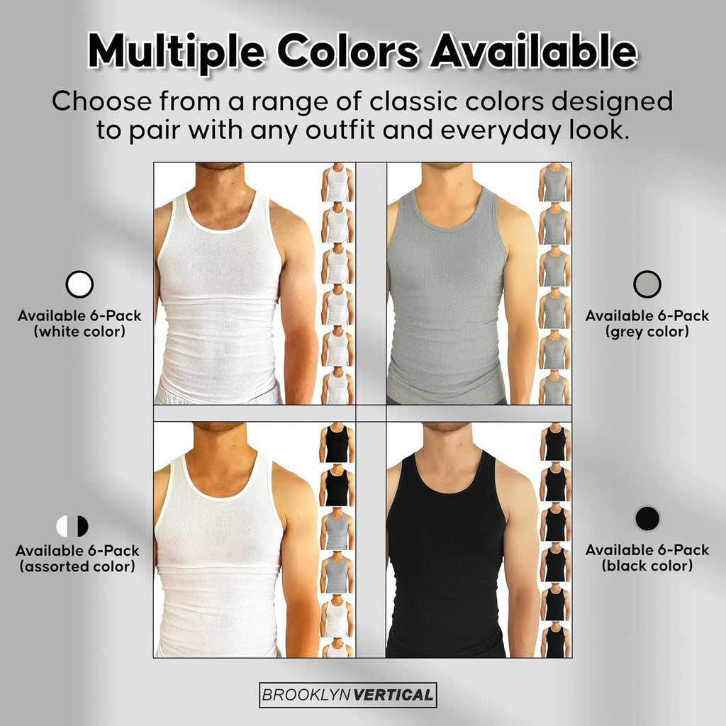 BROOKLYN VERTICAL Men’s 6-Pack Ribbed Tank Tops – Moisture-Wicking Lightweight Athletic Undershirts