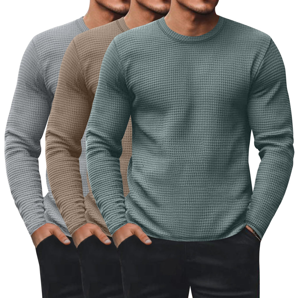 Ficerd 3 Pack Men's Waffle Thermal Long Sleeve Crew Neck Shirts