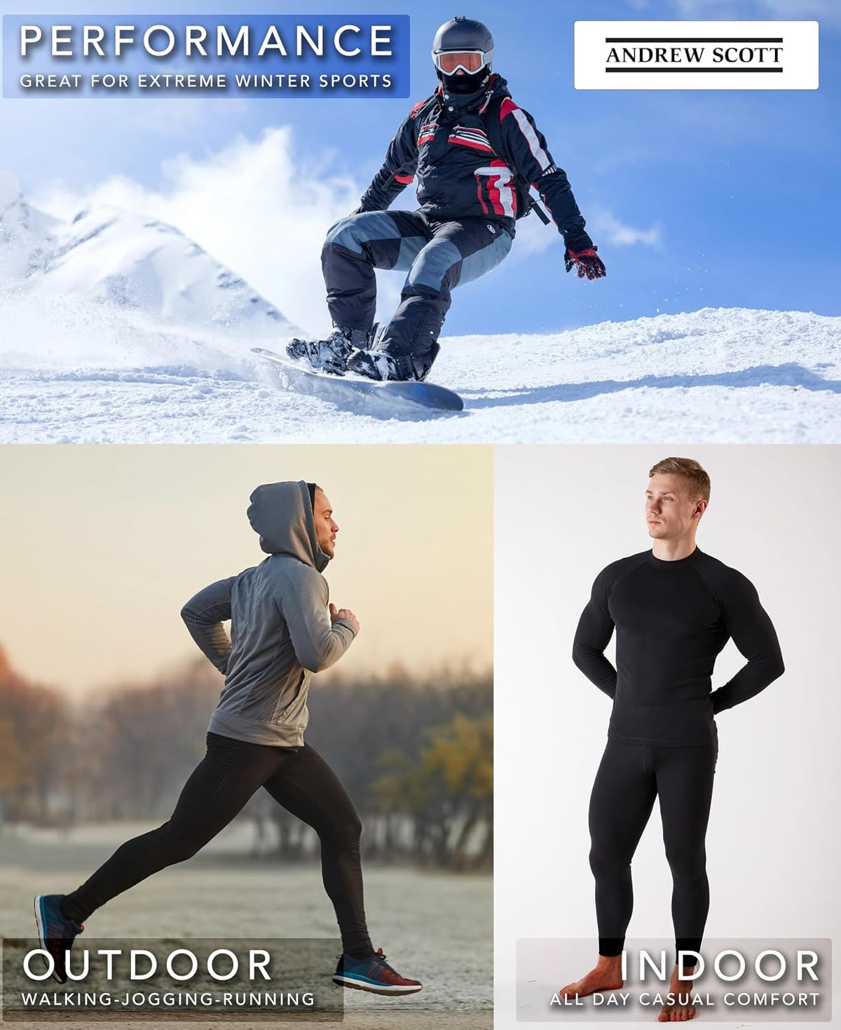 Andrew Scott Mens 2 Piece & 6 Piece Base Layer Long Sleeve + Long Pant Thermal Underwear Set (1 & 3 Pack Mix Match Options)
