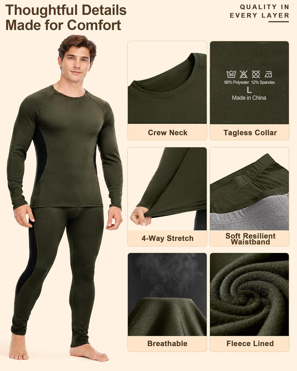 Roadbox Thermal Underwear for Men, Fleece Lined Long Johns Base Layer Set