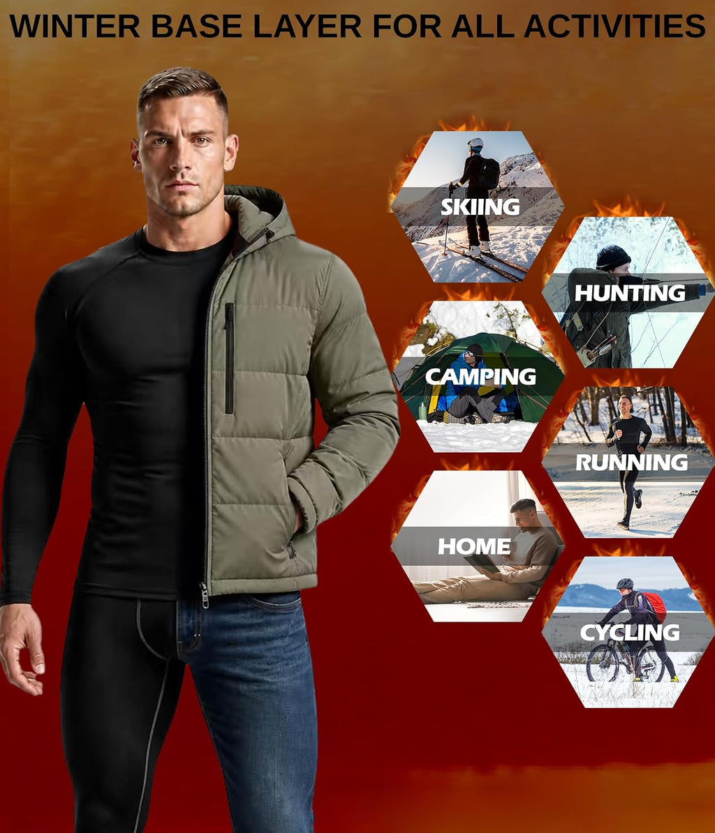2 Set Mens Thermal Underwear Fleece Lined Long Johns Baselayer Shirts