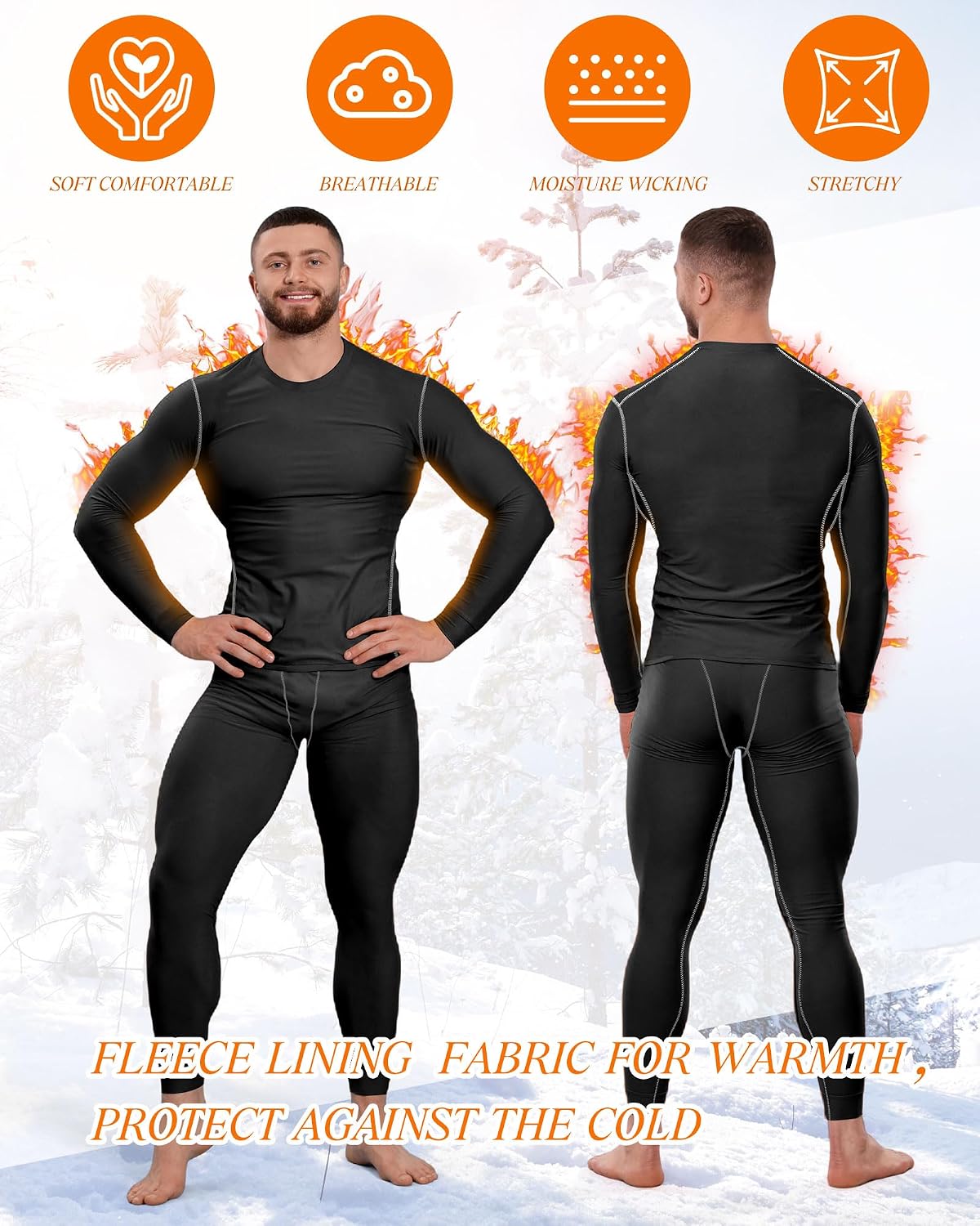 Hicarer 6 Pack Thermal Underwear for Men Fleece Lined Hunting Gear Set Base Layer Bottom Top for Cold Winter Weather