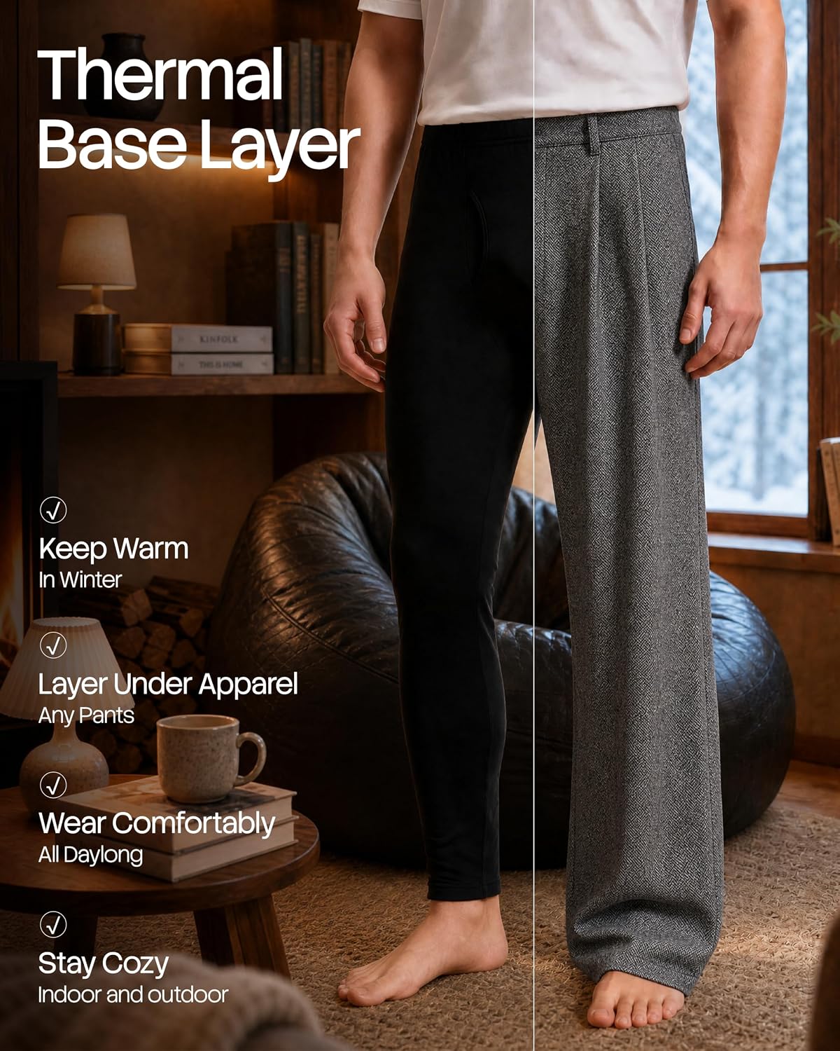 Thermal Underwear for Men - Long Johns Bottom Fleece Lined Base Layer Pants