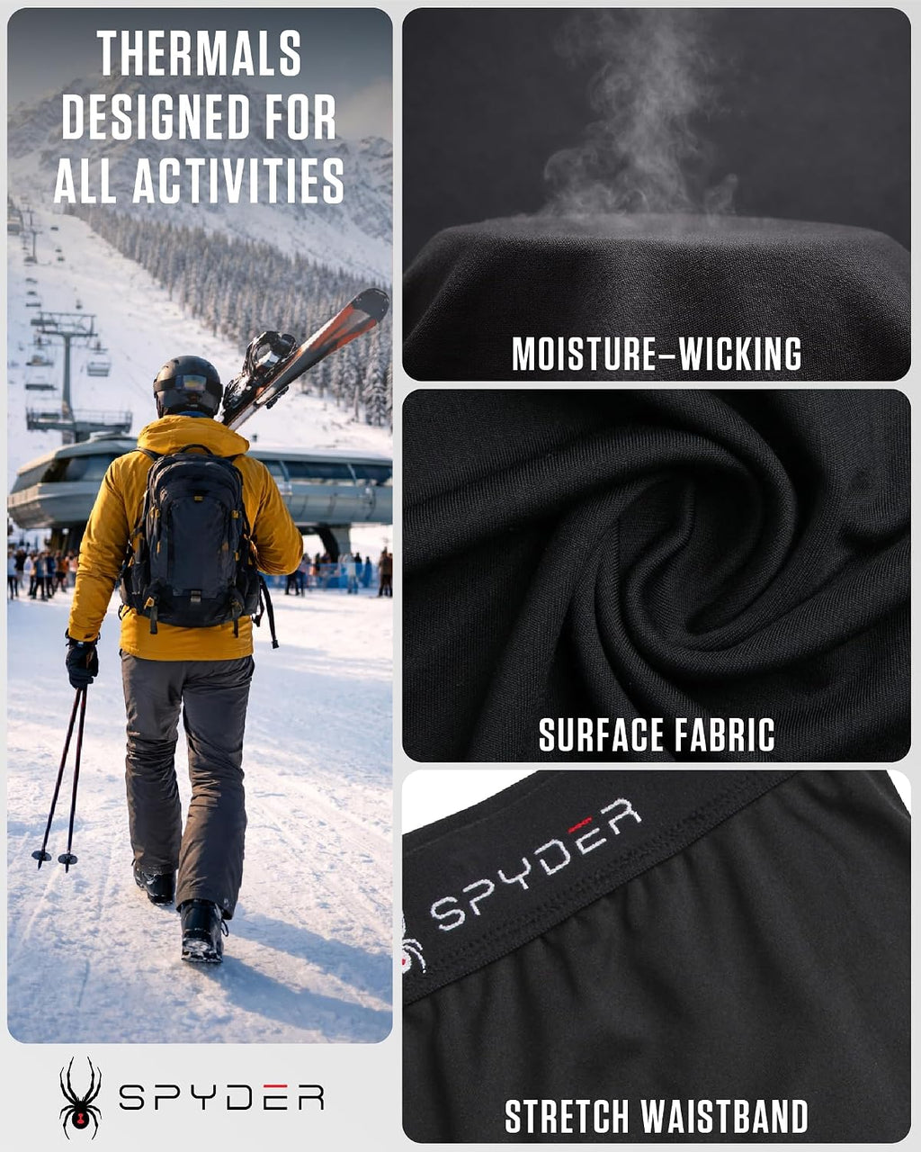 Spyder Mens Thermal Underwear Set - 2-Piece Fleece Lined Stretch Soft