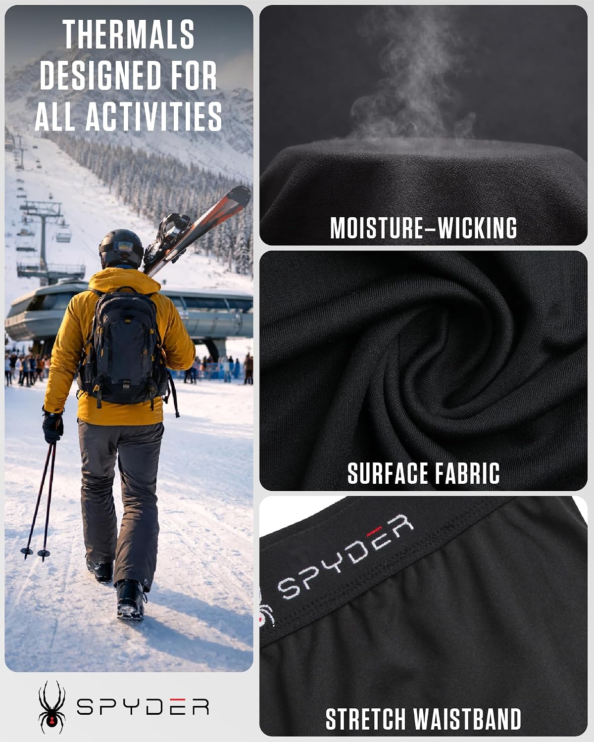 Spyder Mens Thermal Underwear Set - 2-Piece Fleece Lined Stretch Soft