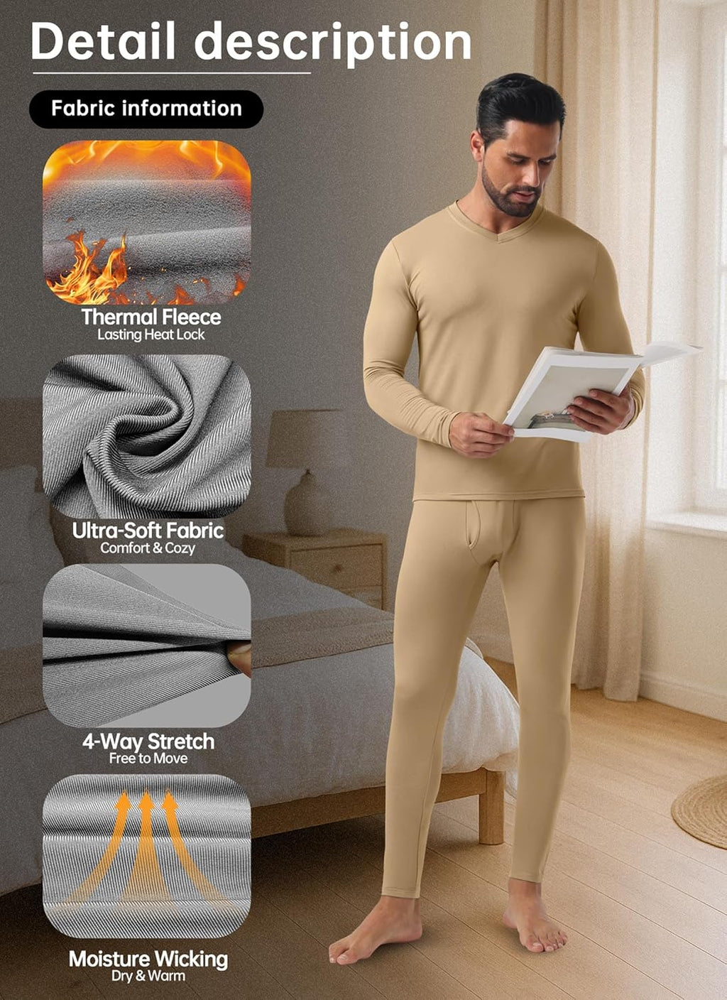 Askdeer Thermal Underwear for Men Long Johns Thermal Fleece Lined Long Underwear Base Layer Set