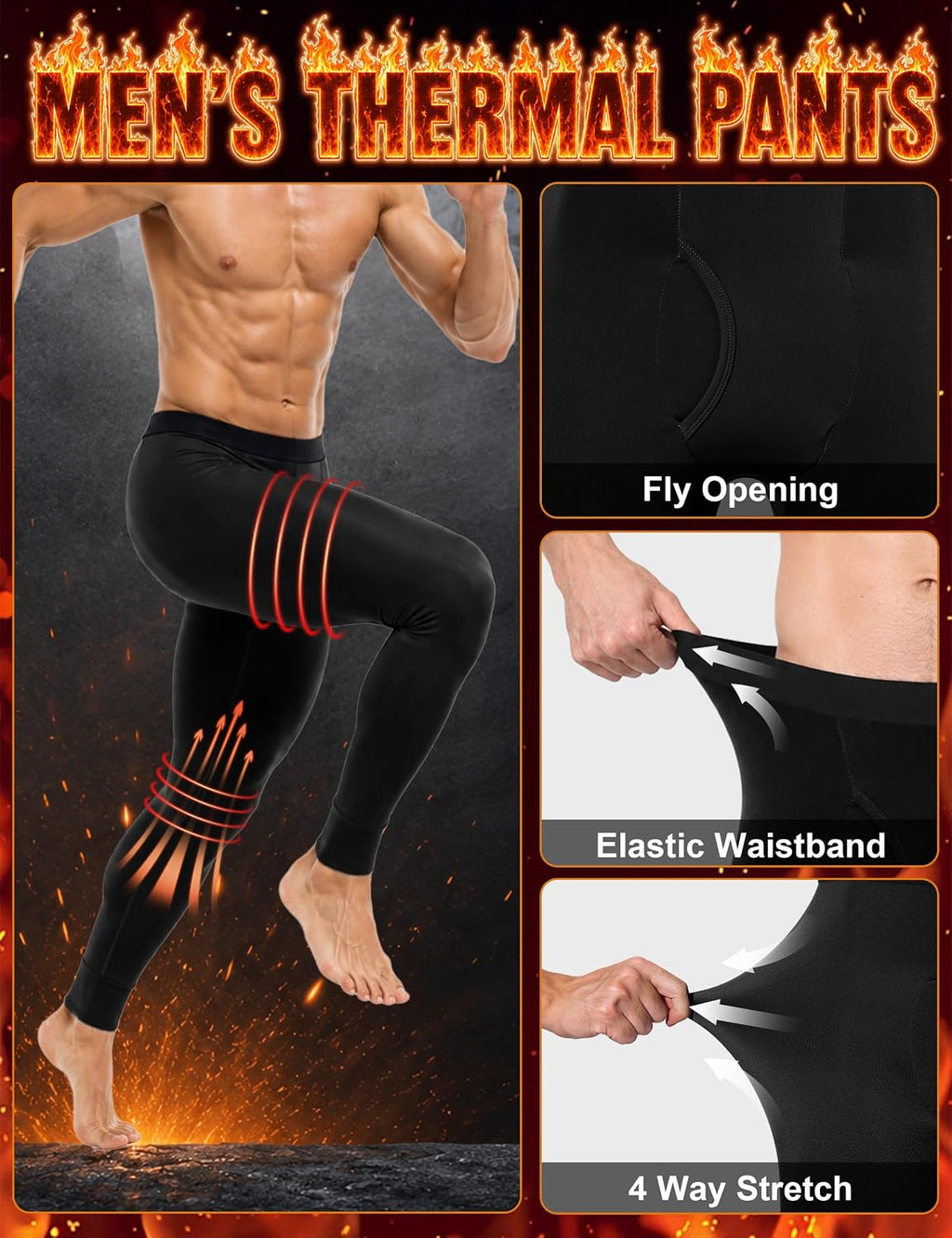 Roadbox Mens Thermal Pants Fleece Lined Long John Underwear Bottom with Fly