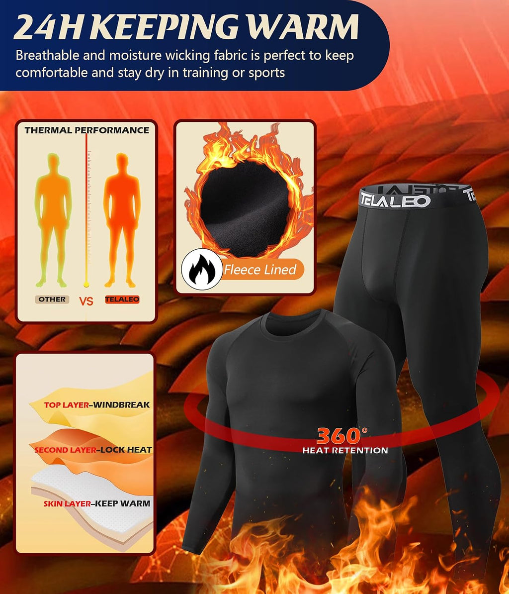 2 Set Mens Thermal Underwear Fleece Lined Long Johns Baselayer Shirts