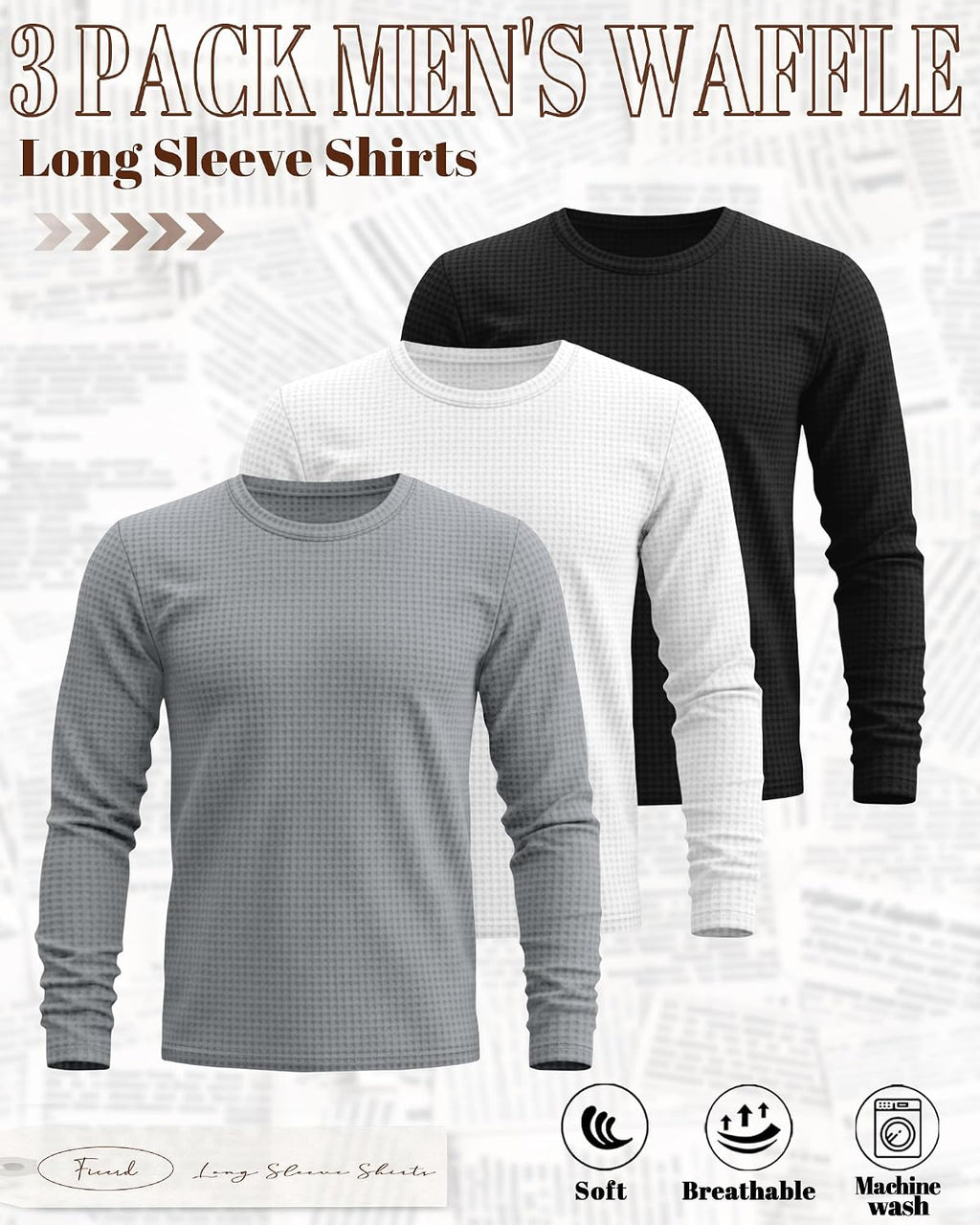 Ficerd 3 Pack Men's Waffle Thermal Long Sleeve Crew Neck Shirts