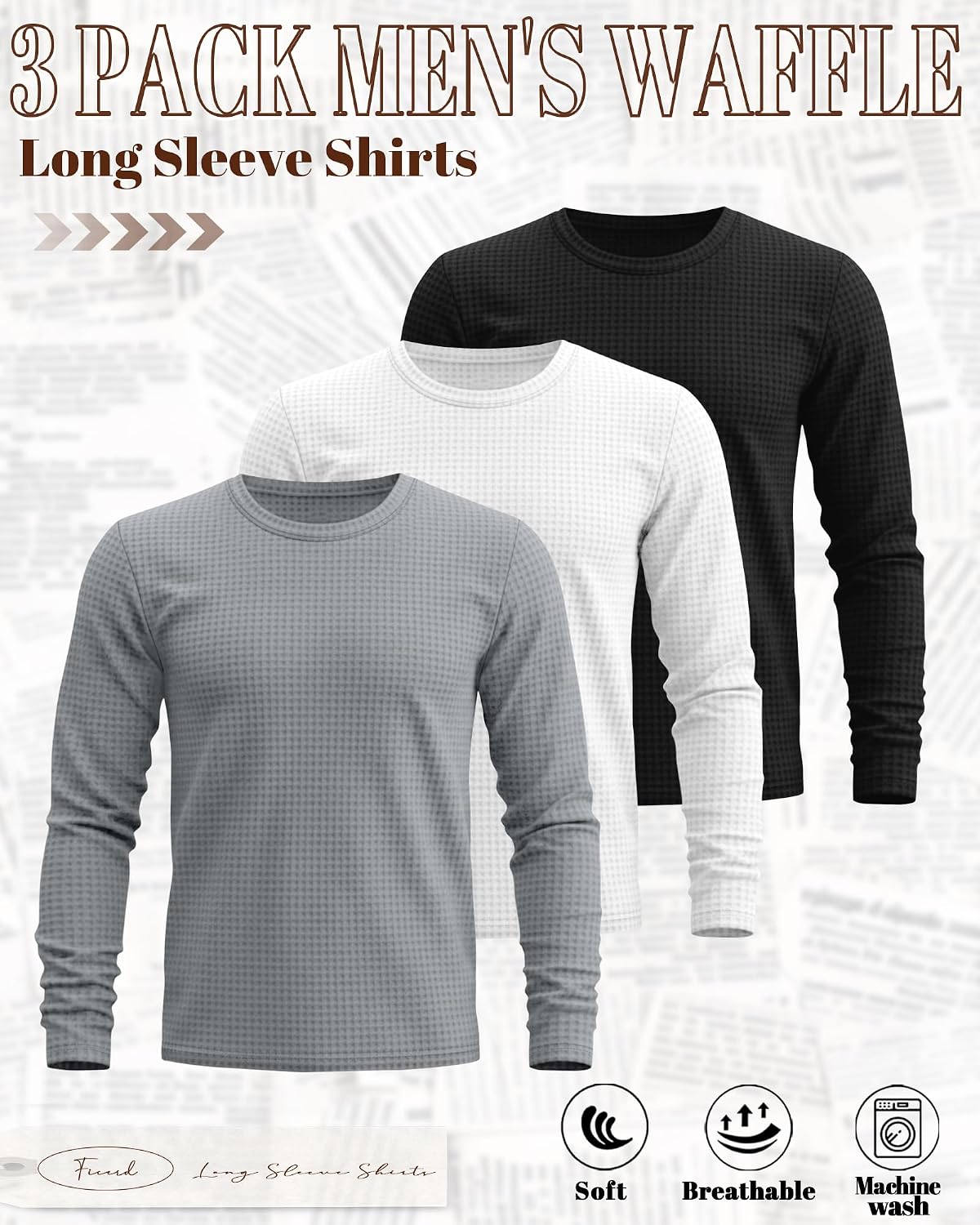Ficerd 3 Pack Men's Waffle Thermal Long Sleeve Crew Neck Shirts
