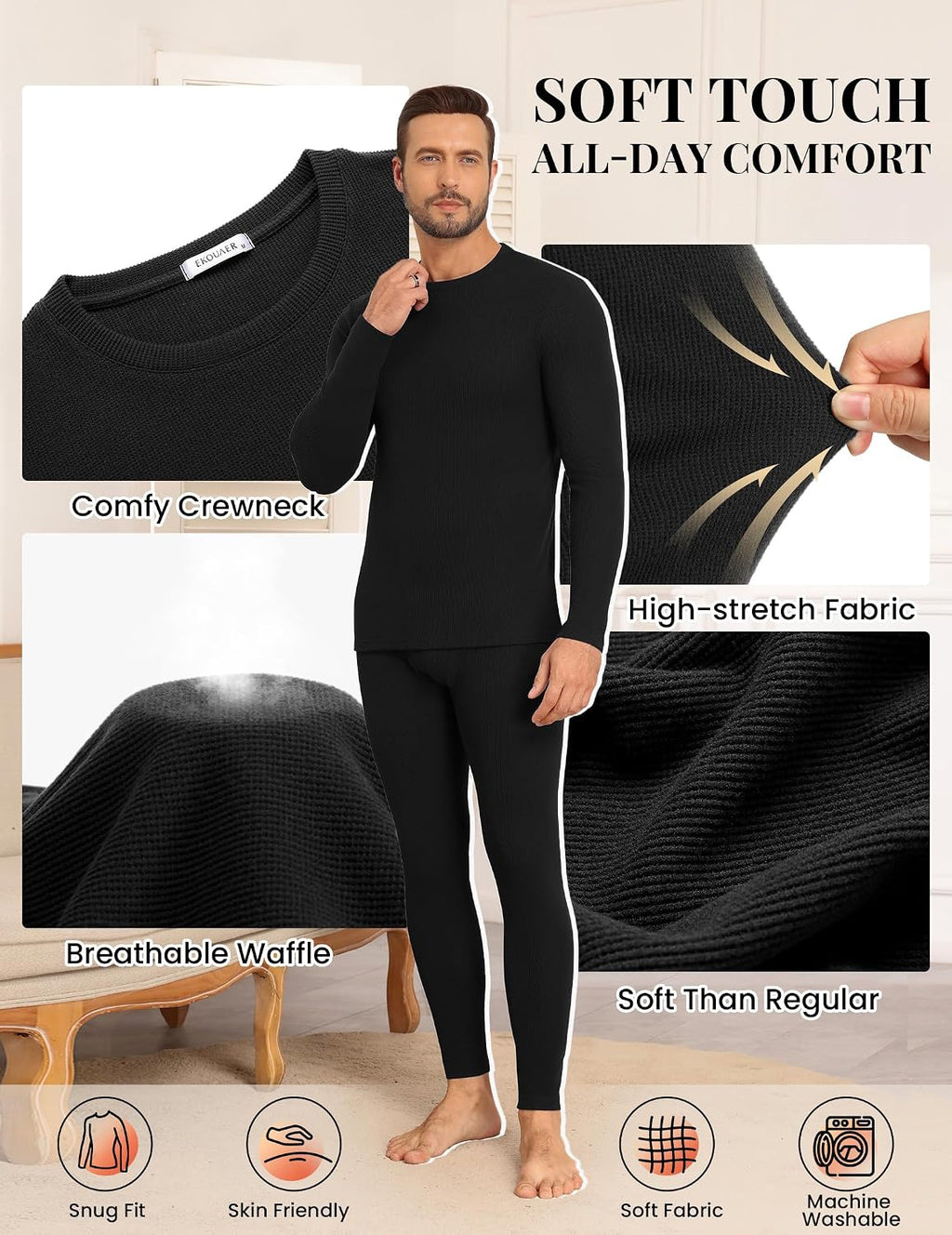 Ekouaer Waffle Long Johns for Men Thermal Underwear Top and Bottom Set