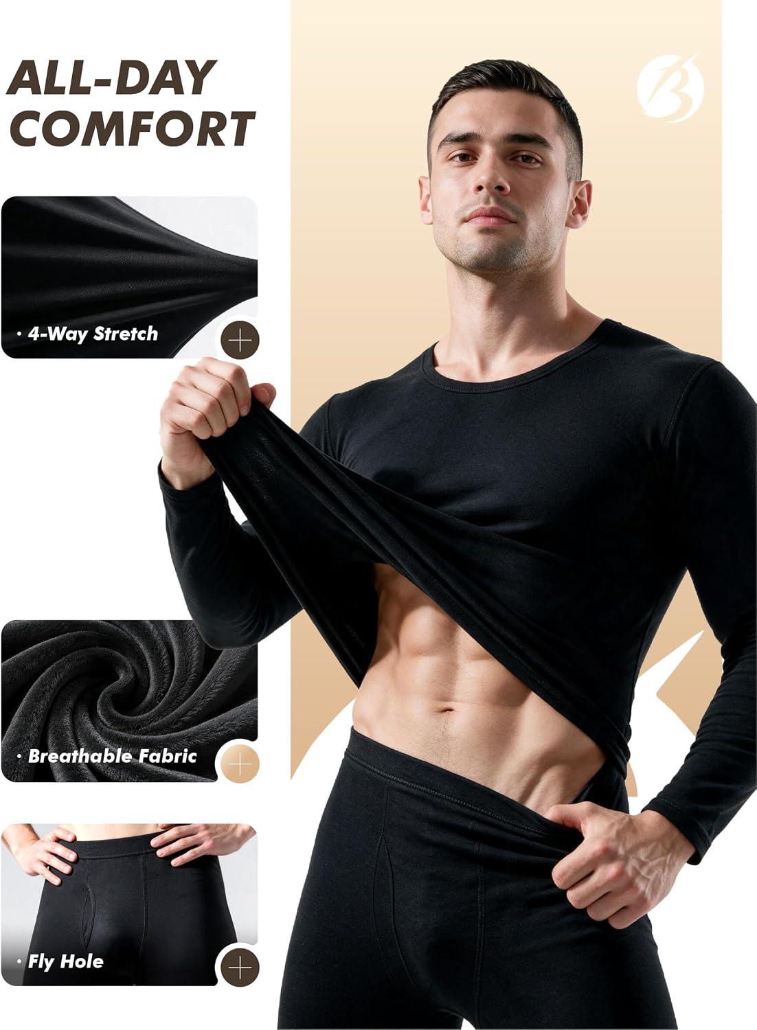 Thermal Underwear for Men - Fleece Lined Base Layer Long Johns Set