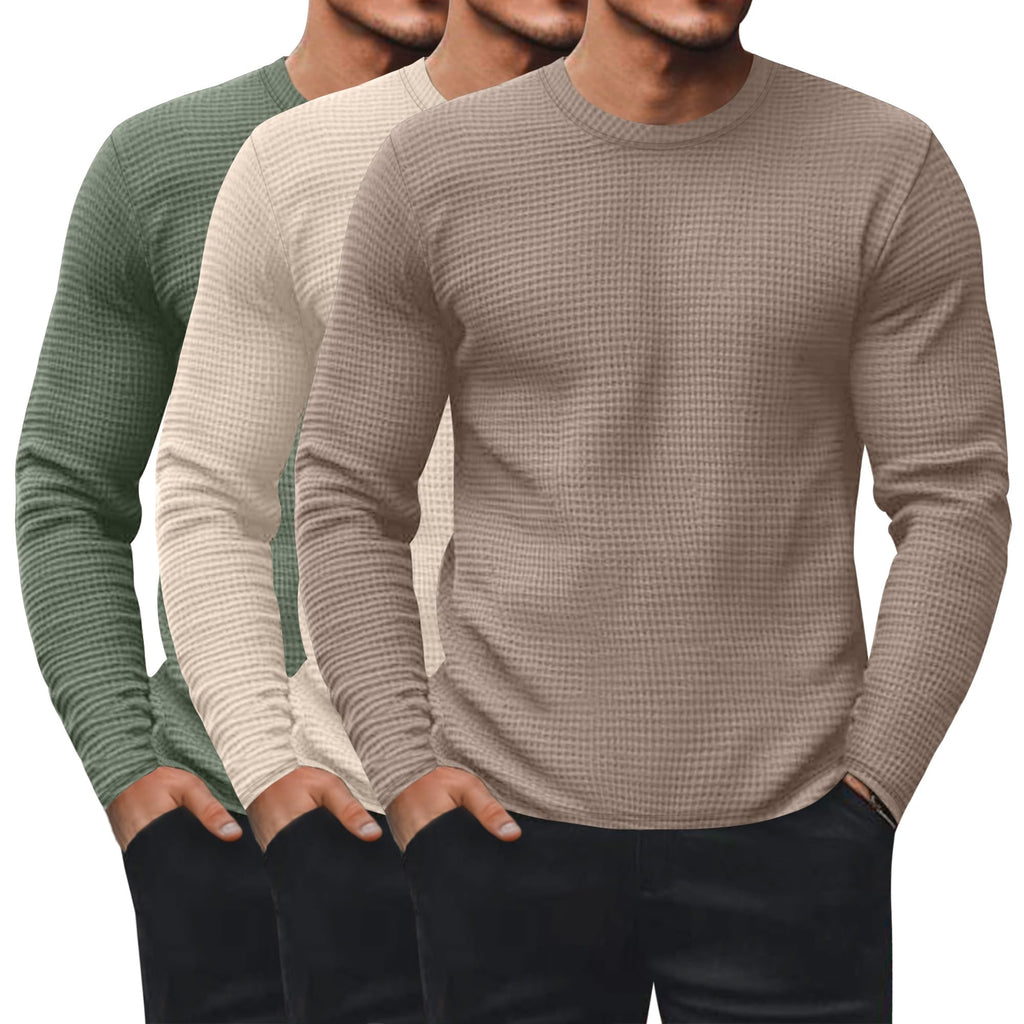 Ficerd 3 Pack Men's Waffle Thermal Long Sleeve Crew Neck Shirts