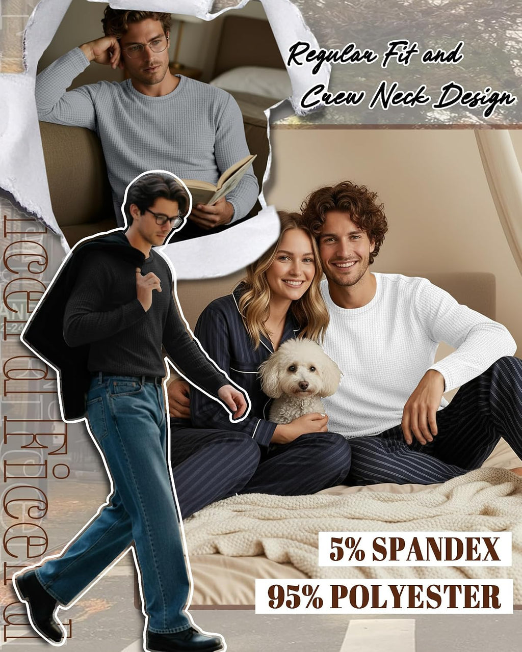 Ficerd 3 Pack Men's Waffle Thermal Long Sleeve Crew Neck Shirts