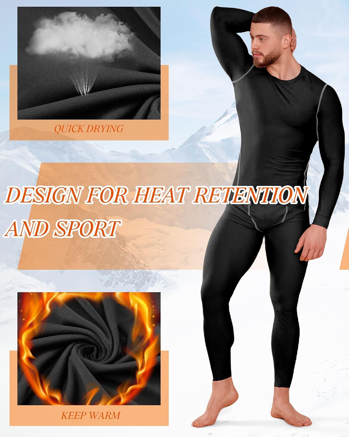 Hicarer 6 Pack Thermal Underwear for Men Fleece Lined Hunting Gear Set Base Layer Bottom Top for Cold Winter Weather