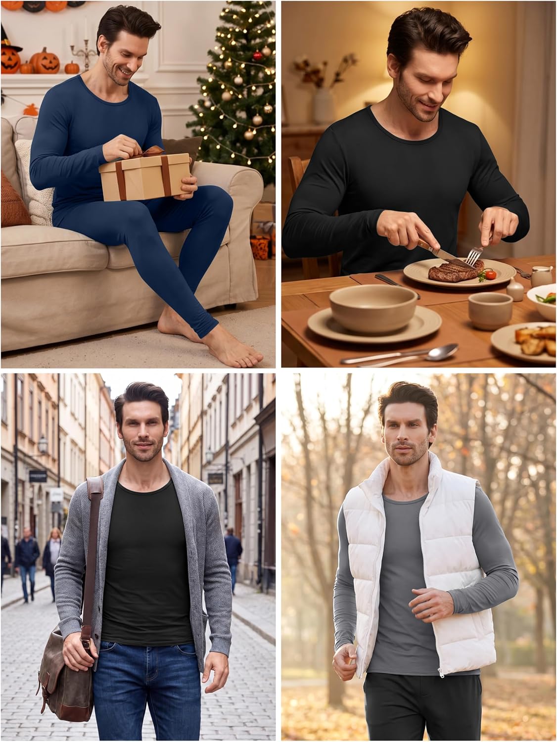 URATOT 3 Sets Men's Thermal Underwear Set Fleece Lined Long Johns Thermal Underwear Base Layer Set for Men Cold Winter