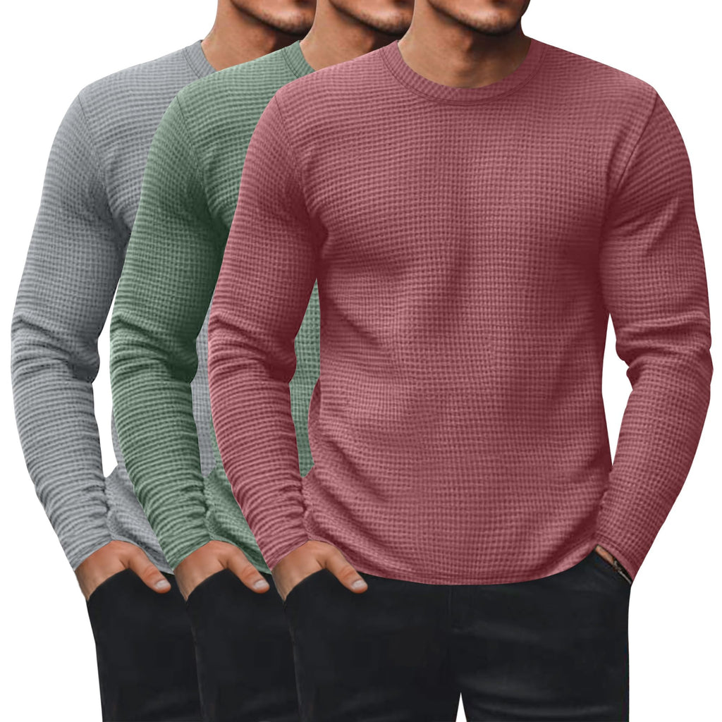 Ficerd 3 Pack Men's Waffle Thermal Long Sleeve Crew Neck Shirts
