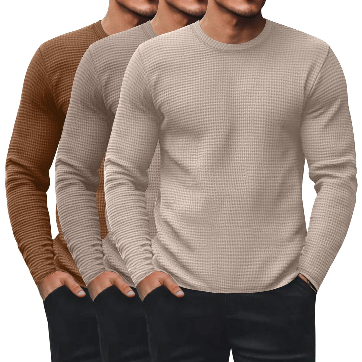 Ficerd 3 Pack Men's Waffle Thermal Long Sleeve Crew Neck Shirts