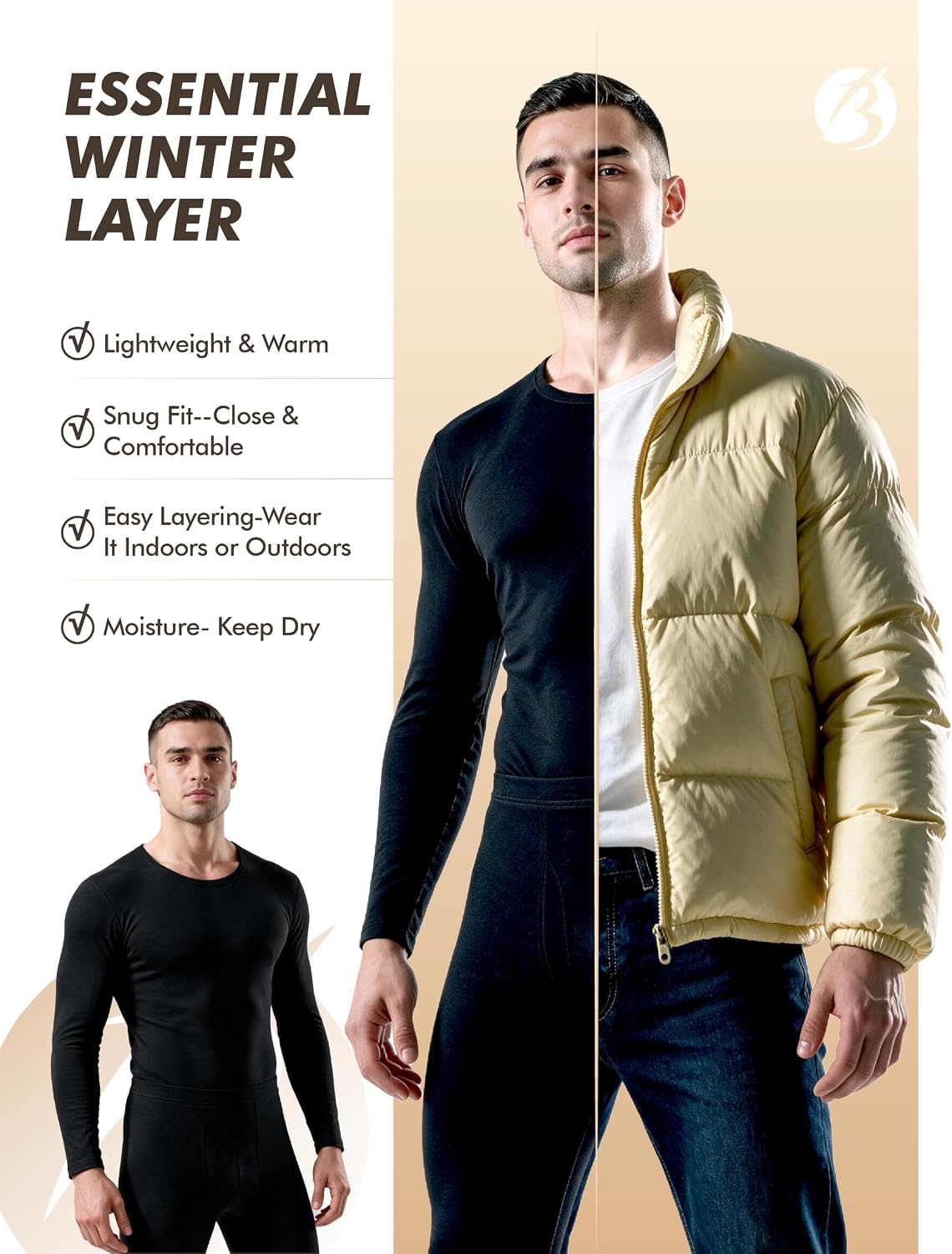 Thermal Underwear for Men - Fleece Lined Base Layer Long Johns Set