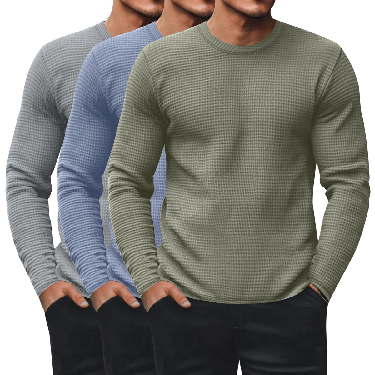 Ficerd 3 Pack Men's Waffle Thermal Long Sleeve Crew Neck Shirts
