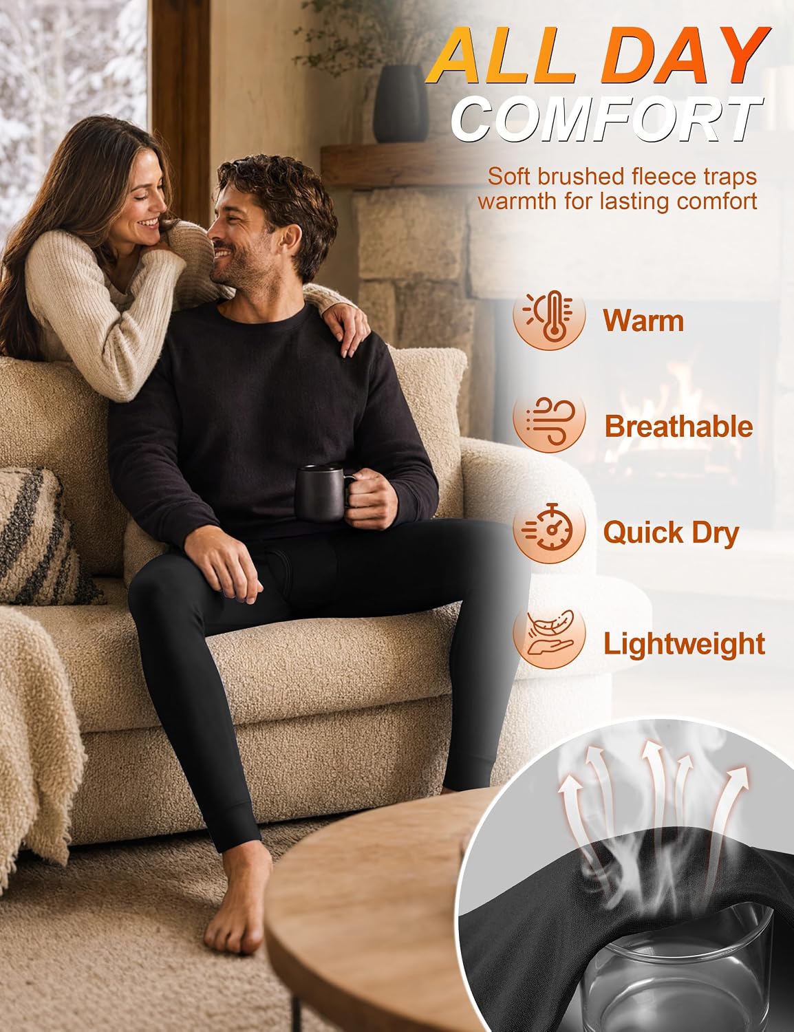 Roadbox Mens Thermal Pants Fleece Lined Long John Underwear Bottom with Fly