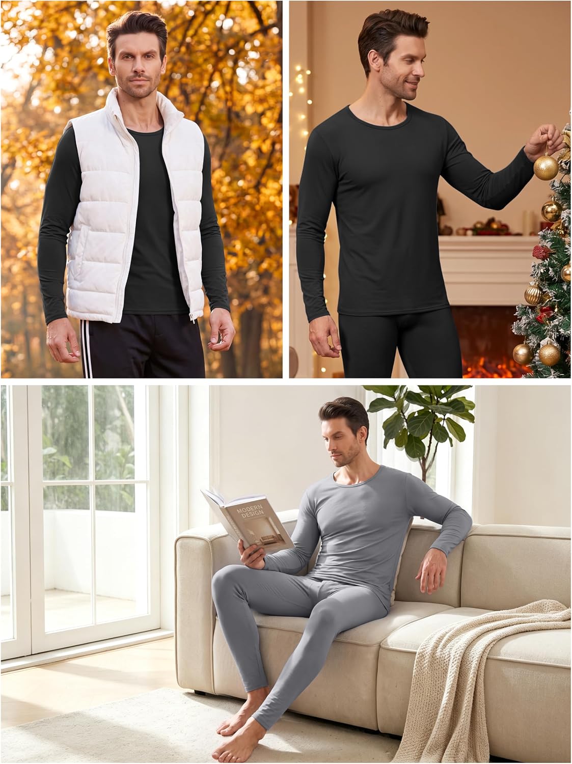 URATOT 2 Sets Men's Thermal Underwear Set Fleece Lined Thermal Underwear Soft Long Johns Top Bottom Set for Men Cold Winter