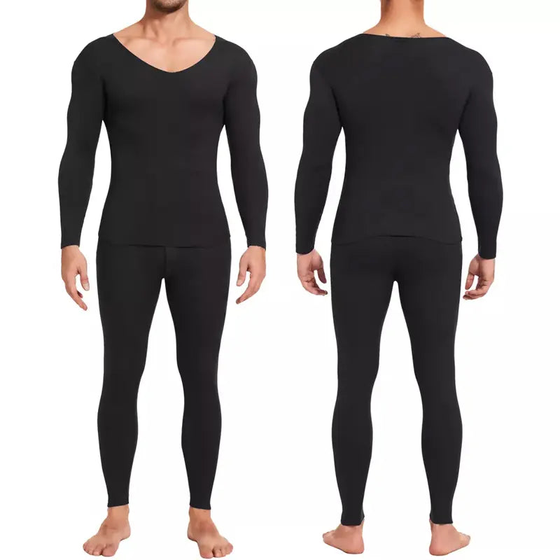Men's 2-Piece Thermal Underwear Set - V-Neck Fleece-Lined Polyester Fabric Top & Base Layer, Soft Stretch Plain Preppy Minimalist Menswear for Skiing, Camping, Gym Use, Easter-Ready