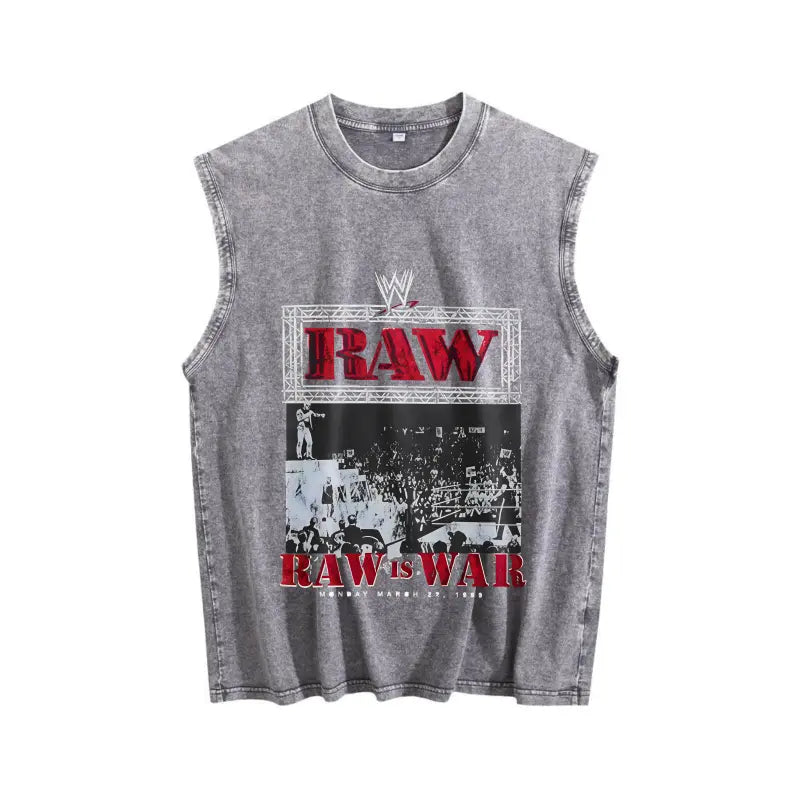 WWE 2026 RAW Legends Exclusive Limited Washed Graphic Vest Heavyweight Premium Cotton Oversized Streetwear Urban Fashion Sleeveless Crewneck Soft Comfortable Casual Summer Top Trendy Retro Apparel Daily Outfit Perfect Gift For Wrestling Fans Adult Men