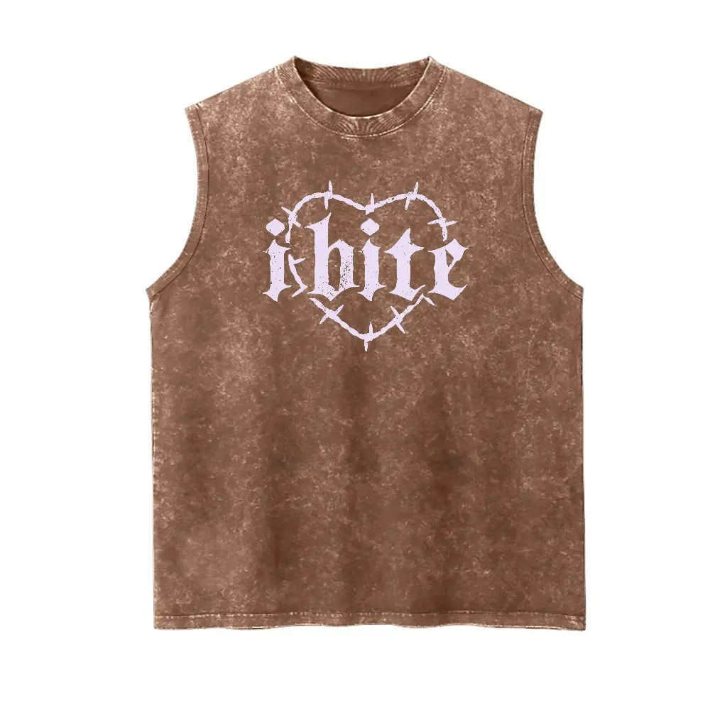 Men's "I Bite" Graphic Tank Top - 100% Cotton Vintage Washed Distressed Sleeveless Goth Streetwear, Soft Breathable Loose Fit Sarcastic Apparel, Casual Retro Alt Clothes Menswear, Tank Tops