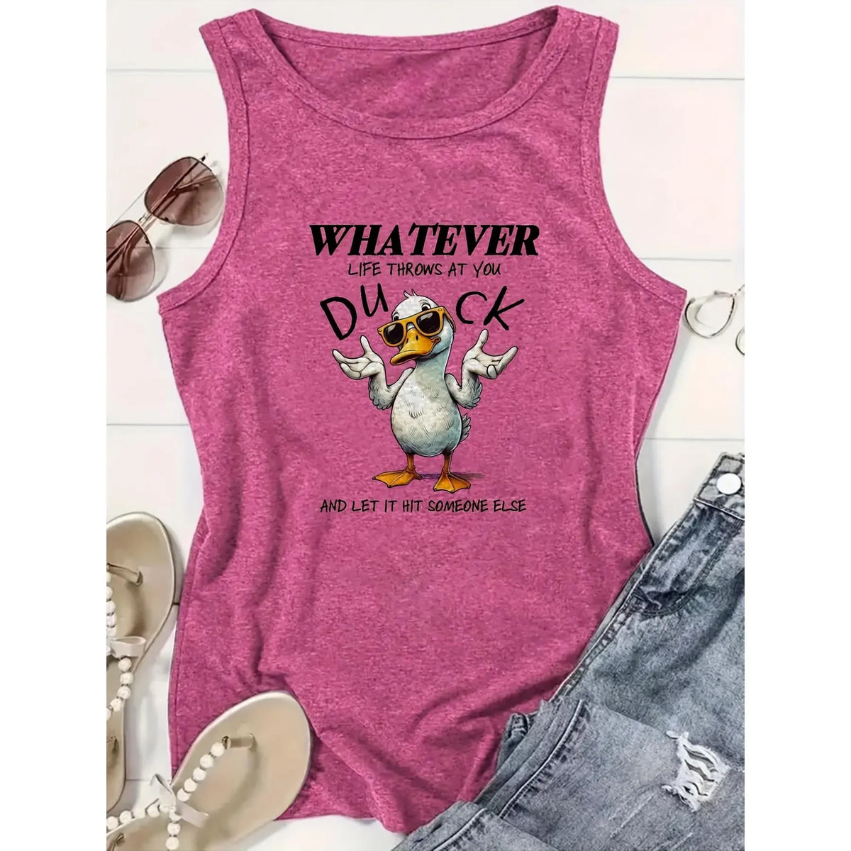 Women's Sleeveless Graphic Tank Top - Casual Round Neck Spring/Summer Top with "Whatever Life Throws at You Duck And Let It Hit Someone Else" Print, Soft Comfortable Machine-Washable Fabric, Graphic Tank Tops