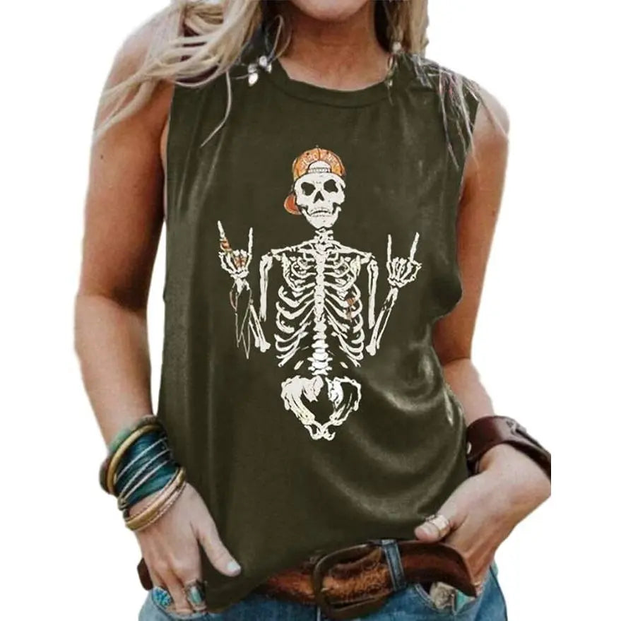Women's Skull Graphic Print High Neck Sleeveless Tank Top - Flattering Cut, Sleeveless Shirt, Sporty Chic, Size M, Workout-to-Weekend, Short Length, Summer Casual Athletic Wear