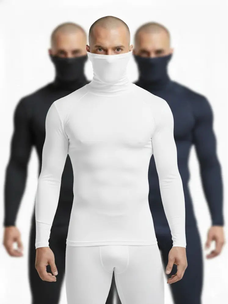 High Level HL Men's High-Neck Thermal Compression Long-Sleeve Plain T-Shirt with Face Cover Option - All-Season Athletic Fitted Activewear (Black, Grey, White, Navy)