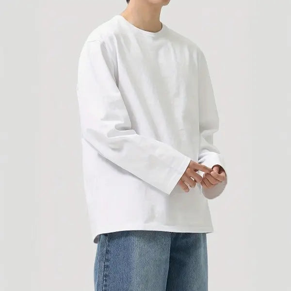 Men's Pure Cotton Soft Knit Thermal Crew Neck Long-Sleeve Shirt - Solid Plain, Warm, Casual Pull-On Pullover Top