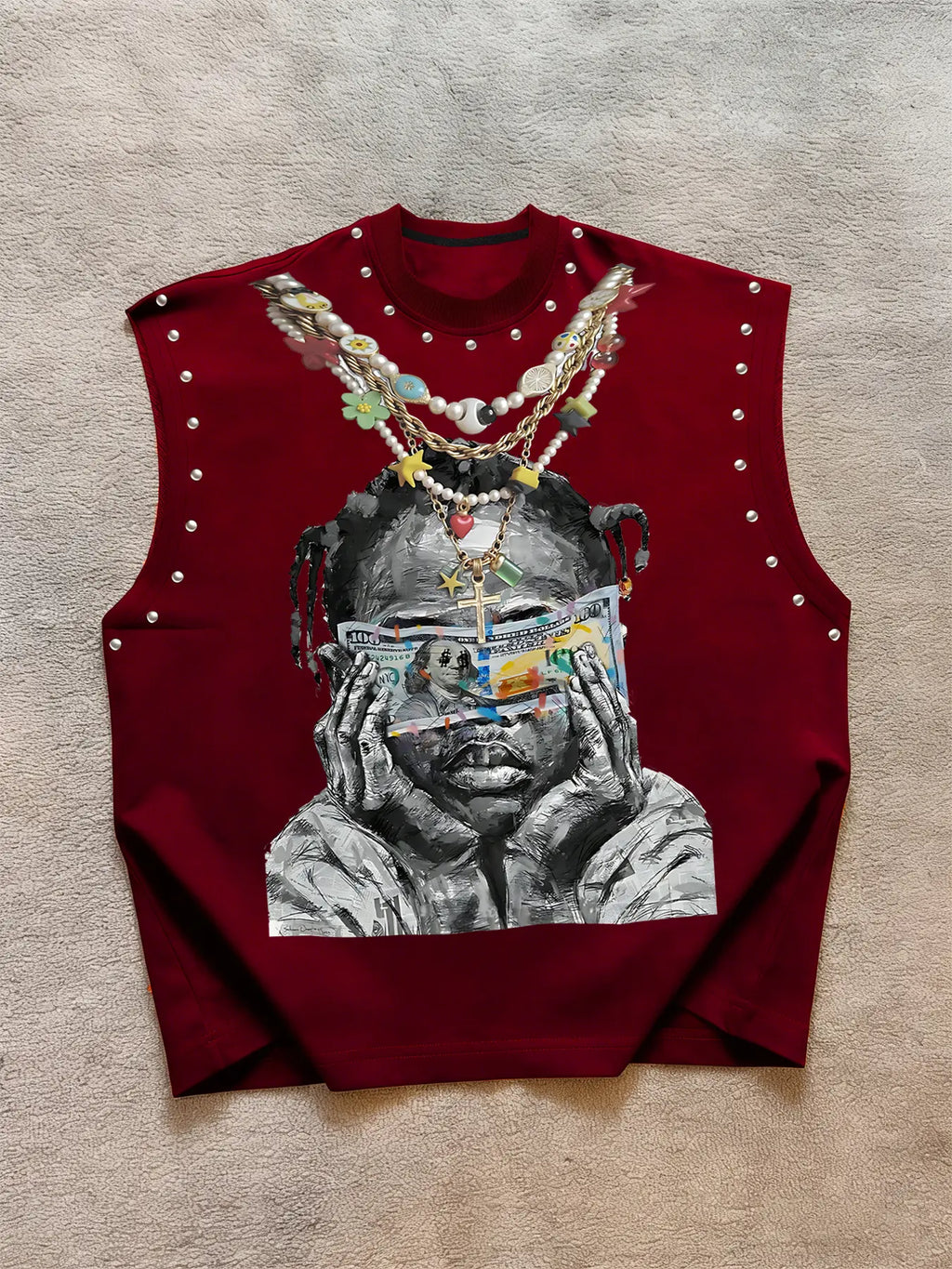 Trendy Men's Round Neck Asymmetrical Fashion Tank Top Vest with Character Graphic Print Front, Decorative Necklace Design, Letter Slogan Back, Skin-Friendly Fabric, Streetwear Style