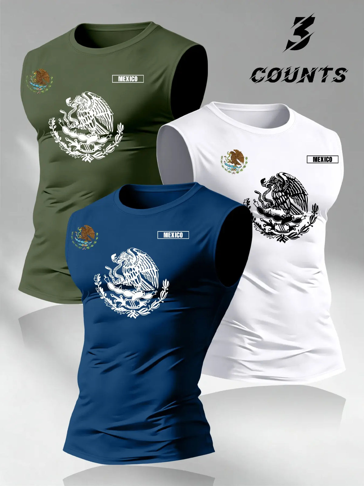 American Vintage Mexican Graphic Print Men's Tank Tops, 3-Pack Round Neck Sleeveless Tees, Trendy Tops for Memorial Day Apparel, Classic
