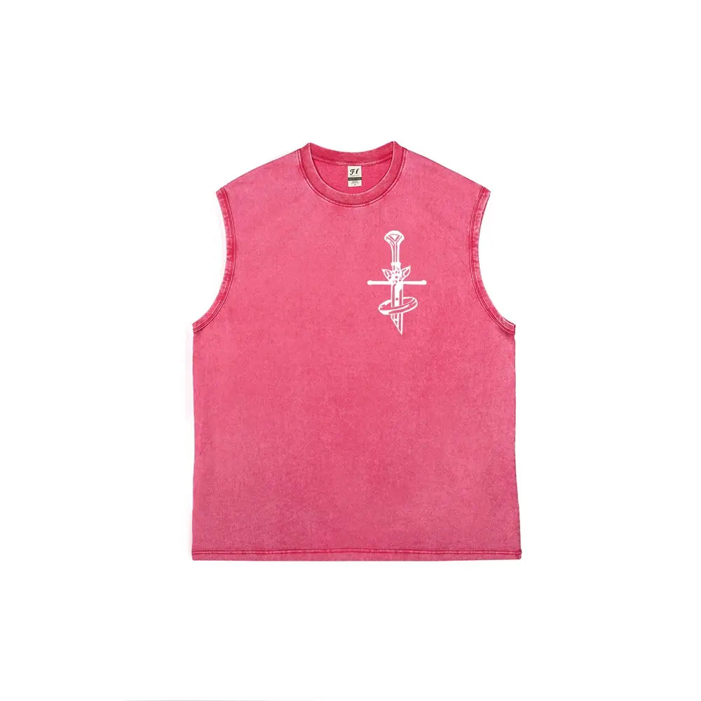 Men's Vintage Double-Sided Graphic Tank Top - 100% Cotton Retro Streetwear Washed Vest, Breathable Relaxed Fit for Casual Wear