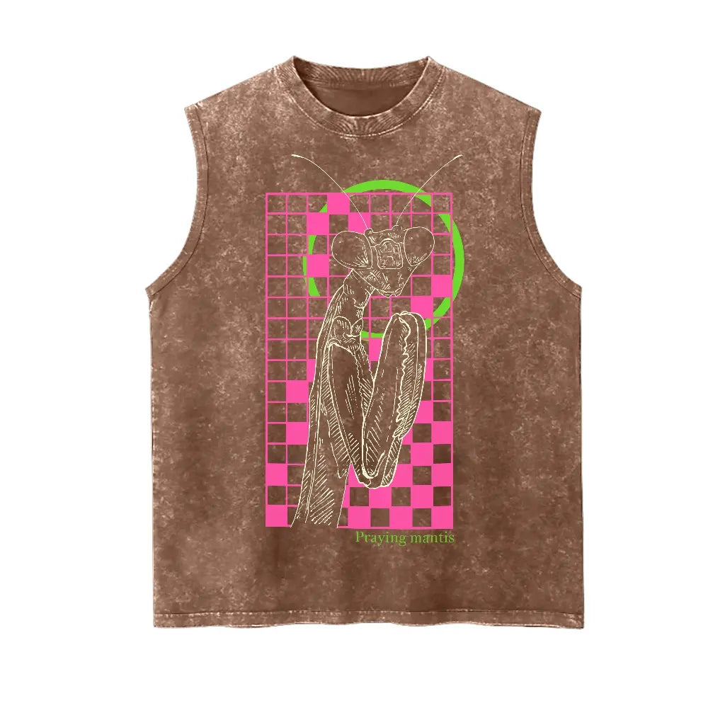 Men's Praying Mantis Print Tank Top - High GSM Cotton Retro Graphic Vest, Vintage Washed Hefty Drape Oversized, Bold Insect Print Casual Basic Grunge Bugcore Streetwear Gift for Insect Lovers