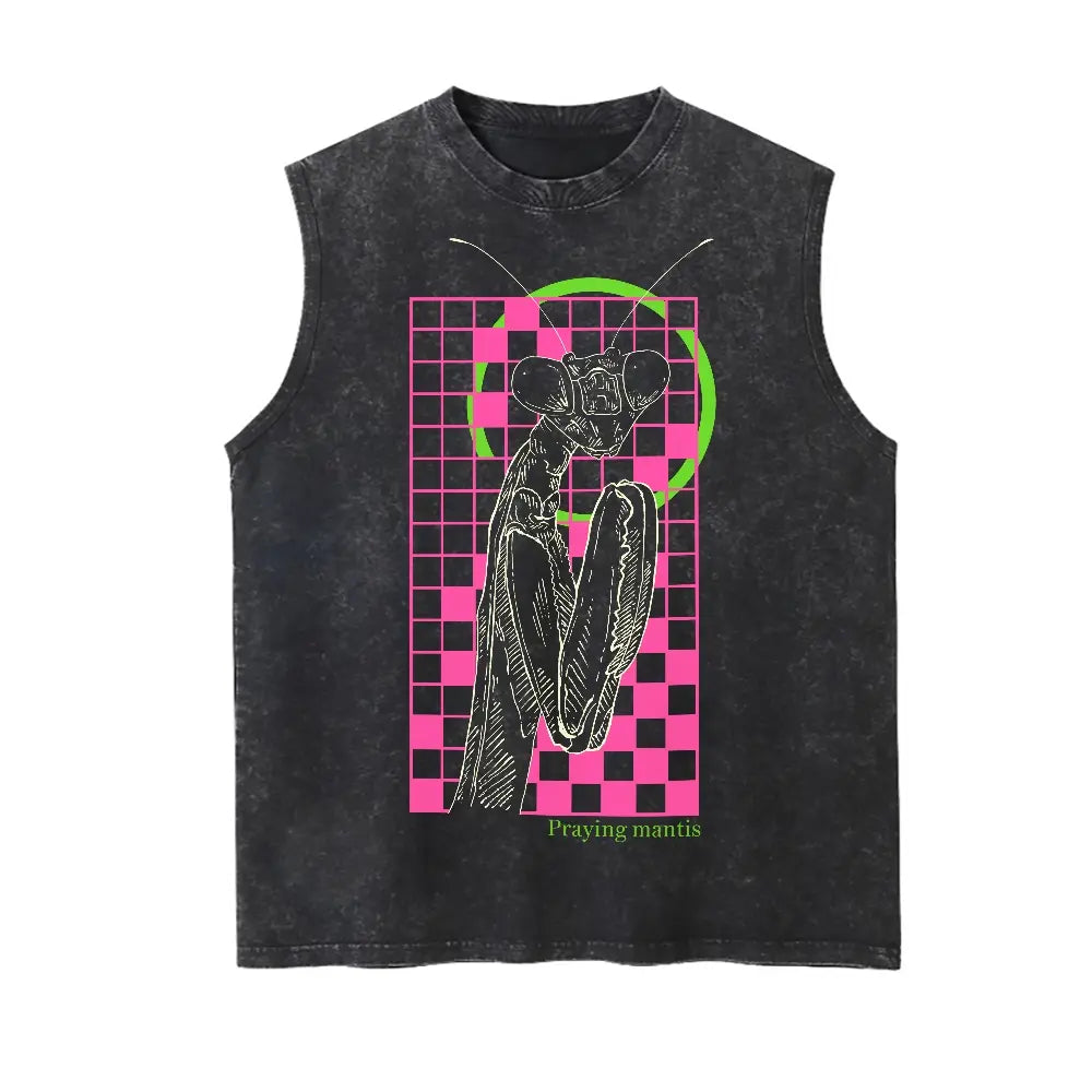 Men's Praying Mantis Print Tank Top - High GSM Cotton Retro Graphic Vest, Vintage Washed Hefty Drape Oversized, Bold Insect Print Casual Basic Grunge Bugcore Streetwear Gift for Insect Lovers