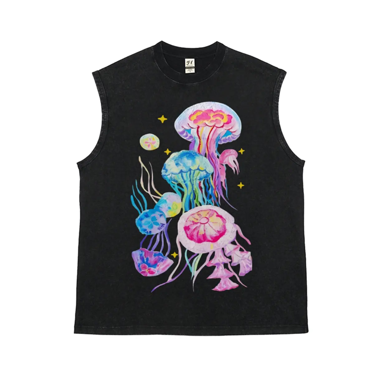 Men's Retro Streetwear Vintage Washed Cotton Fabric Tank Top - Breathable Sleeveless Cargo Graphic Vest with Colorful Watercolor Jellyfish & Stars Print