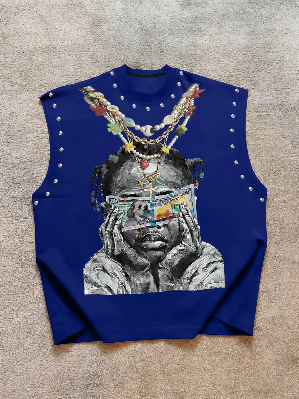 Trendy Men's Round Neck Asymmetrical Fashion Tank Top Vest with Character Graphic Print Front, Decorative Necklace Design, Letter Slogan Back, Skin-Friendly Fabric, Streetwear Style