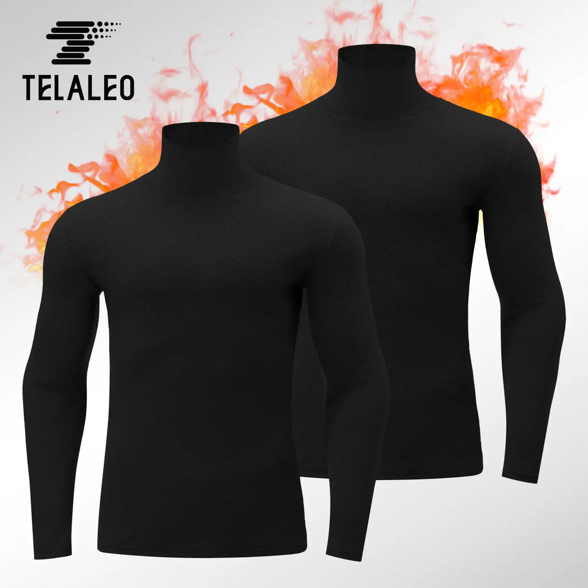 TELALEO Men's 2-Pack High Neck Thermal Shirts - Double-Sided Plain Fleece-Lined, Pull-On, Long Sleeve, Normal Type, Regular Fit Sports Winter Underwear for Male Outdoor Activities