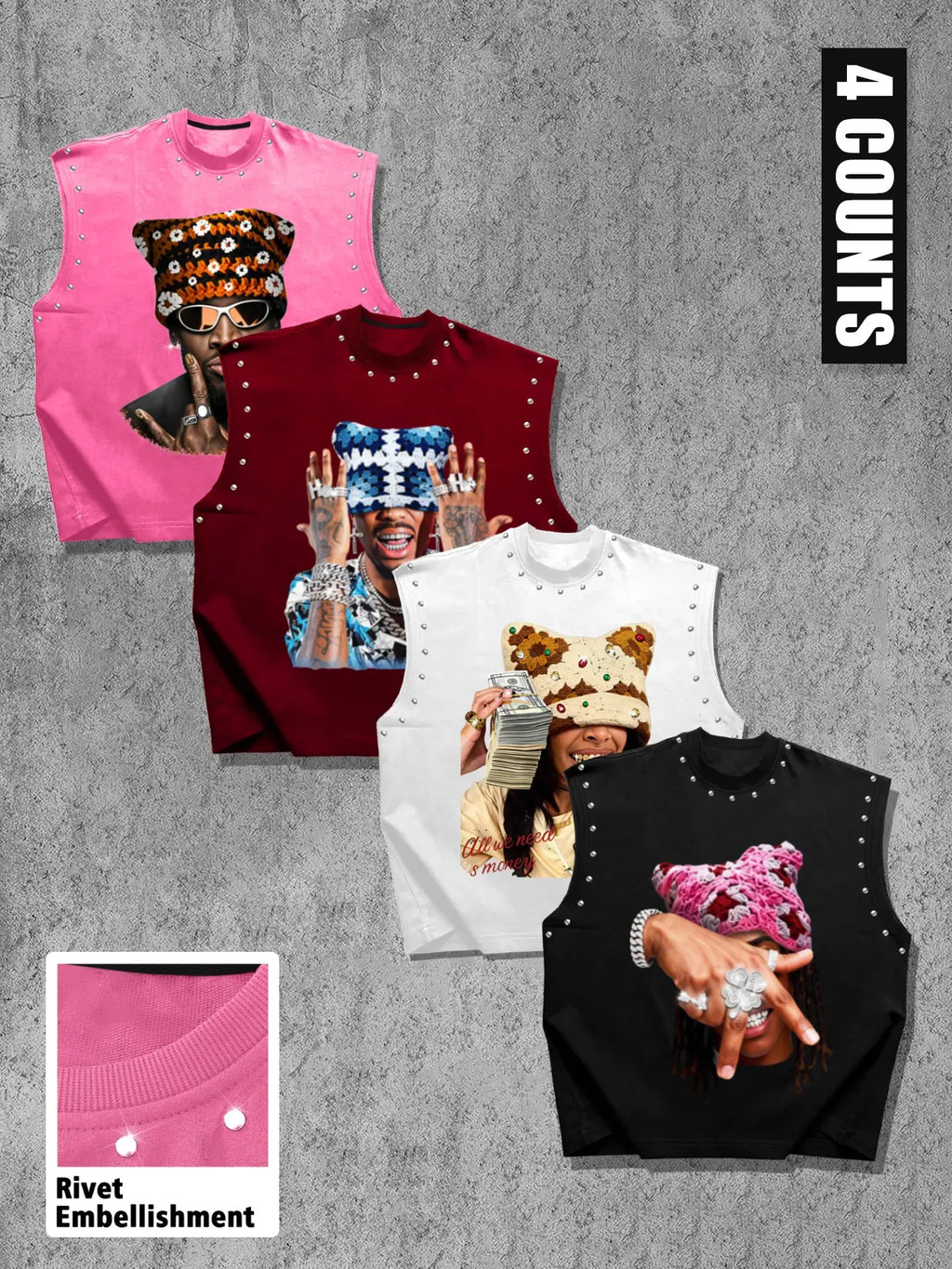 Men's Casual 4-Piece Tank Top Set, Sleeveless High Street Graphic Portrait Print, Regular Fit, Trendy and Comfortable, Perfect for Daily Wear, Sleeveless Tanks