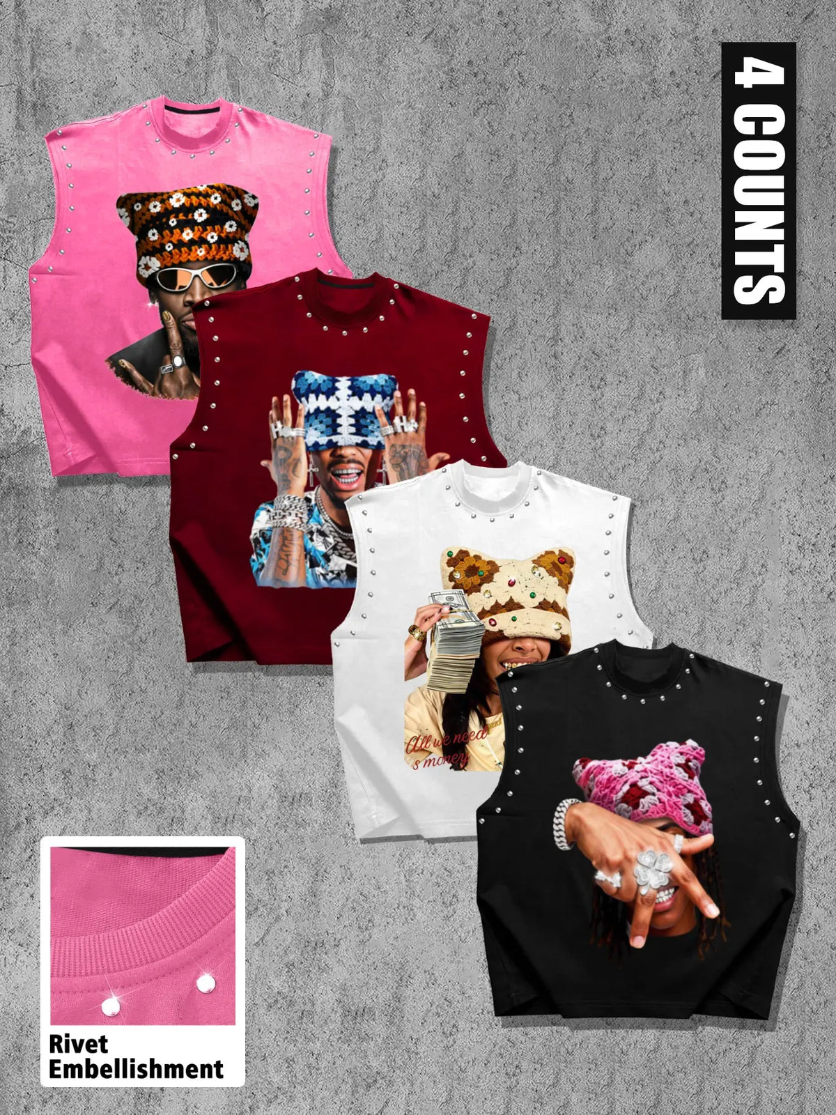Men's Casual 4-Piece Tank Top Set, Sleeveless High Street Graphic Portrait Print, Regular Fit, Trendy and Comfortable, Perfect for Daily Wear, Sleeveless Tanks