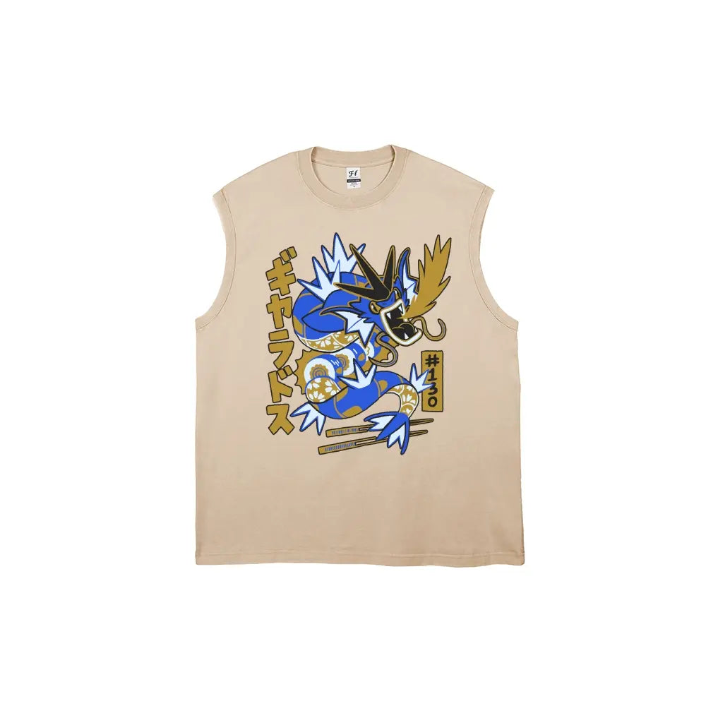 Japanese Text Blue Dragon Creature Unisex Plus Size Summer Graphic Tees Personalized Pattern Y2k Clothing Round Neck Sleeveless Washed Vests,Women's Clothing 100% Cotton, Menswear, Top, Vintage Style, Casual Oversized