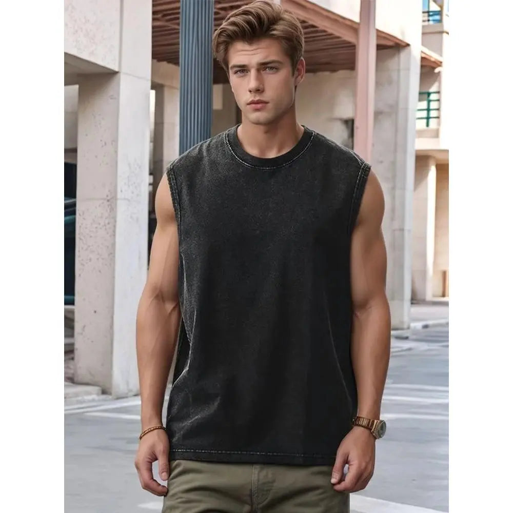 Men's 3-Pack Pure Cotton Retro Washed Baggy Casual Vests - Loose Fitting, Round Neck, Sleeveless, Sleeveless Freedom, Plain, Sporty Chic, Minimalist, Comfortable, Black+Gray+Apricot, Menswear Essentials for Workout, Outdoors