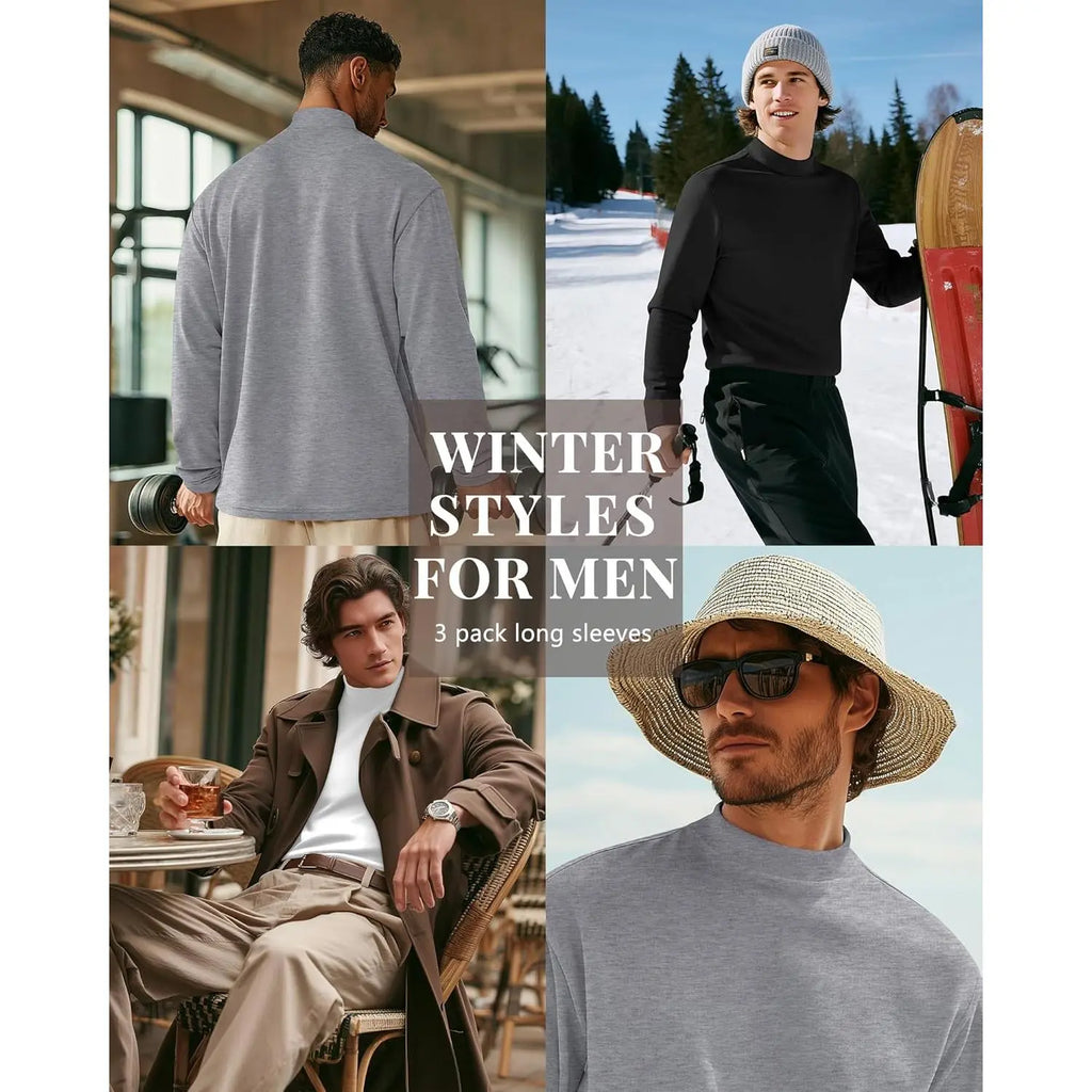 Neer 3 Pack Mens Big and Tall Shirts Long Sleeve Mock Neck Thermal T-Shirt Thick Basic Pullover Tops Casual Sweatshirt